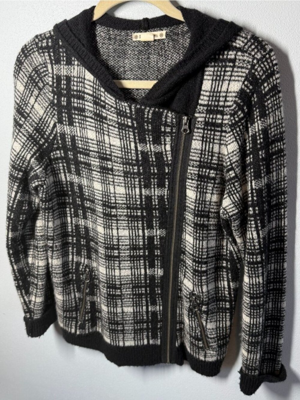 Ruff Hewn Hooded Sweater Womens Small Wool Blend Zip Up Plaid Cozy Cottagecore